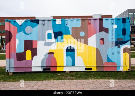 Abstract mural on a shipping container at Place 1604 in Dieppe, New Brunswick, Canada Stock Photo