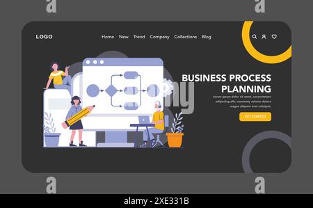 Business process planning night or dark mode web or landing page. Executives strategizing for streamlined operations. Crafting efficient workflow diagrams for cost-effective solutions. Stock Vector