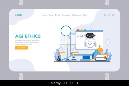 AGI web or landing page. Balancing AI technology with ethical considerations. Focusing on responsible AI development and application. Flat vector illustration. Stock Vector