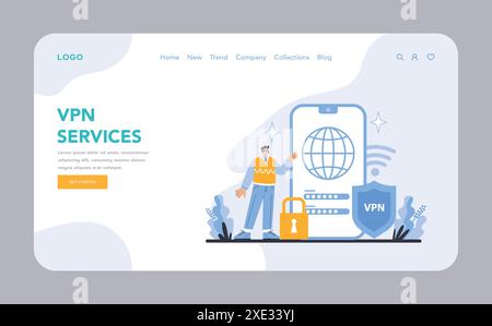 VPN Services web or landing page. Ensuring secure, encrypted online navigation and protecting user privacy across global networks. Essential cyber safety tools visualized. Flat vector illustration. Stock Vector