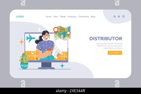 Distributor concept. Efficient woman managing logistics, monitoring shipments on a computer screen. Global trade, package delivery, and location tracking. Flat vector illustration Stock Vector