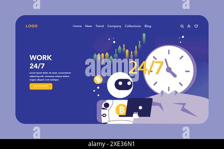 Round-the-clock work night or dark mode web or landing page. Crypto trading bot tirelessly operating around the clock, ensuring continuous market presence and trading opportunities. Stock Vector