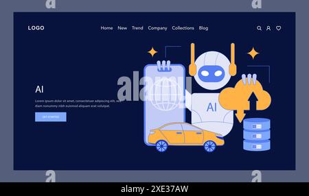 Artificial intelligence concept. A humanoid robot interfacing with technology symbols, reflecting AI integration in modern life. Cloud storage, global connectivity, and smart mobility. Vector illustration. Stock Vector