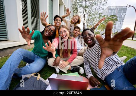 Amusing portrait of group diverse young friends excited waving at camera with hands sitting on grass Stock Photo