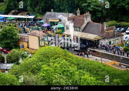 Corfe Castle station with Merchant Navy Class No. 35018, British India Line, light engine at the platform during the Swanage Railway’s Strictly Bullei Stock Photo