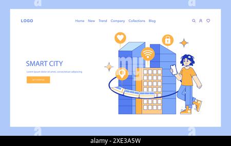 Hyperconnectivity concept. Urban landscape with digital integration, showcasing connectivity in city life. Vector illustration. Stock Vector
