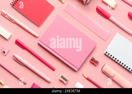 Composition with school supplies over pink background. Back to school concept Stock Photo
