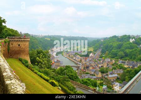 City of Dinan, Aerial view of the historic, Medieval town, port on the Rance Estuary, seen from the Stock Photo