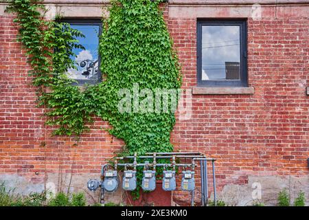 Green Vine and Gas Meters on Red Brick Wall at Eye Level Stock Photo