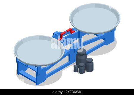Isometric balance scale. Balance Scale with Double Pans. Bowls of scales in balance. Calibration weight banner. Sellers and marketing Stock Vector