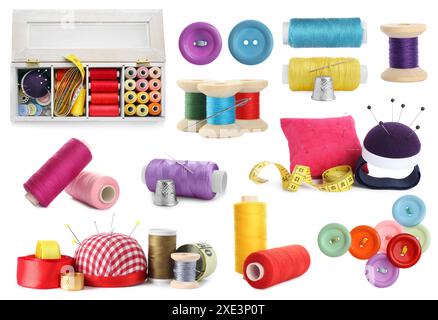 Set with different sewing stuff isolated on white Stock Photo