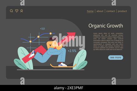 Organic Growth concept. Woman on skateboard propels business chart upward. Positive metrics, progress trajectory. Flat vector illustration. Stock Vector