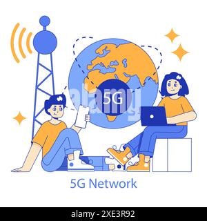 Hyperconnectivity concept. Illustration of individuals using devices with a background 5G network and global connectivity. Global communication advancement. Vector illustration. Stock Vector
