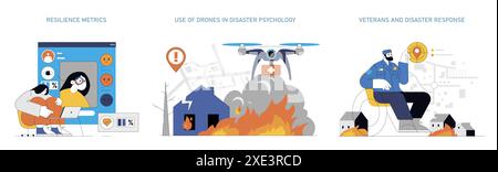 Disaster Psychology set. Evaluating emotional resilience, using drones for crisis management, and veteran roles in emergency response. Vector illustration. Stock Vector
