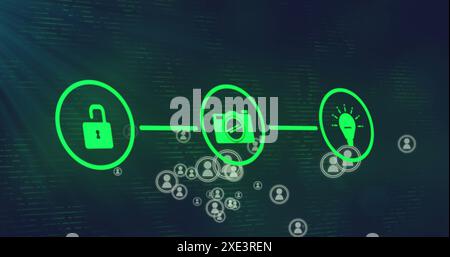 Image of profile icons floating over network of digital icons and light spot on black background Stock Photo