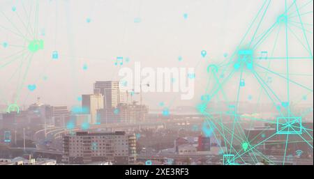 Image of globe of digital icons spinning against aerial view of cityscape Stock Photo