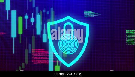 Image of padlock icon over data processing on blue background Stock Photo