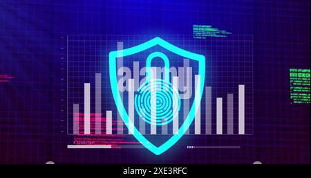 Image of padlock and financial data processing over blue background Stock Photo