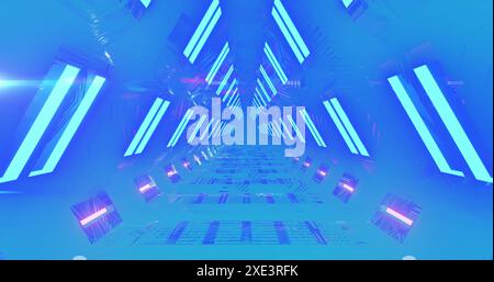 Image of neon lights in tunnel over blue background Stock Photo