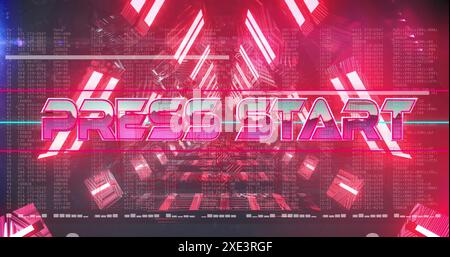 Image of press start text over vibrant neon red tunnel lines background Stock Photo