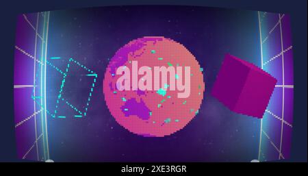 Image of cube shapes and globe spinning over neon grid network against space Stock Photo