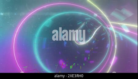 Image of financial data processing over neon tunnel in seamless pattern on gradient background Stock Photo