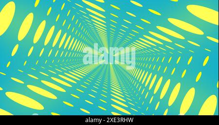 Image of yellow neon circle lights in tunnel over blue background Stock Photo