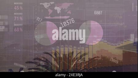 Image of changing numbers and statistical data processing against aerial view of cityscape Stock Photo
