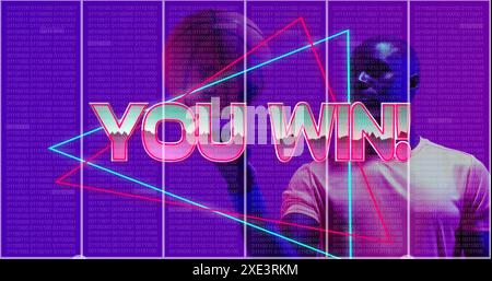 Image of you win text over vibrant neon lines and african american basketball player Stock Photo