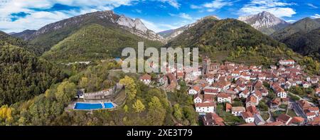 Aerial view of the town of Isaba in the Roncal Valley in Navarra, Spain ...
