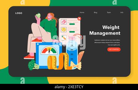 Healthy Snacking concept. Illustration of a woman choosing an apple, surrounded by weight management icons. Balanced diet for wellness. Vector illustration. Stock Vector