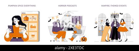 Halloween Celebration set. From pumpkin spice flavors to horror podcasts and vampire-themed parties. Seasonal activities and festive enjoyment. Vector illustration. Stock Vector