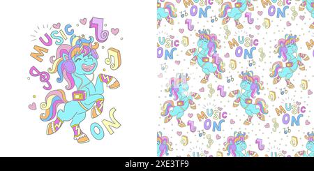 Cute happy cartoon musical unicorn with notes. Isolated character and background. Vector illustration. Card and seamless pattern with unicorn. For clo Stock Vector