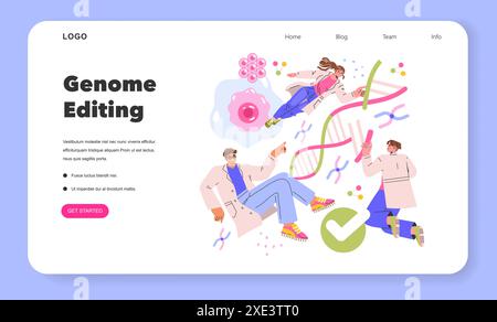 Future Medicine concept. Scientists engaging in genome editing surrounded by DNA strands and cells. Innovation in genetic research and therapy. Vector illustration. Stock Vector