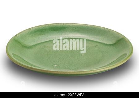 High angle view of empty green shallow ceramic plate. Stock Photo
