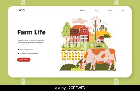 Rustic charm comes to life in this illustration with a red barn, windmill, tractor, and crops, depicting serene farm life. Vector illustration. Stock Vector