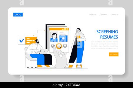 Recruiting Candidates concept. Human resources professionals screen resumes on digital interface. Candidate selection process. Vector illustration. Stock Vector