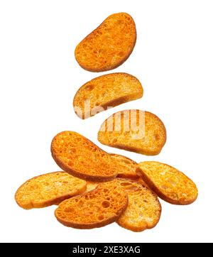 Baked crackers, bread croutons isolated on white background Stock Photo