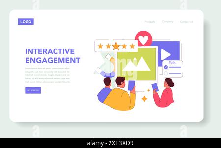 Interactive Engagement concept. People engaging with online content through likes, stars, and polls. Digital interaction in social media. Vector illustration. Stock Vector