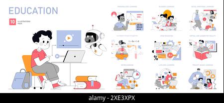 Education set. Modern learning methods and technologies. Personalized and blended instruction, STEM, AR, VR, and emotional intelligence. Vector illustration. Stock Vector