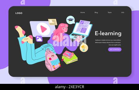 E-learning concept. A young adult engages with digital courses on a laptop amidst educational icons. Online learning, technology, and student lifestyle. Vector illustration. Stock Vector