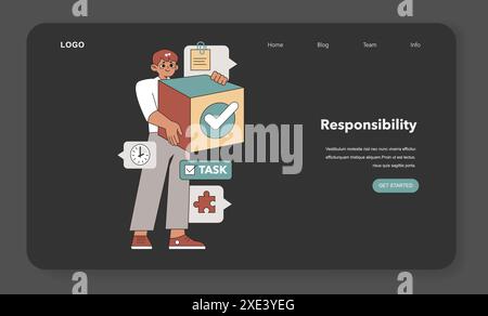 Responsibility in Task Delegation concept. A focused individual holding a large task cube, symbolizing personal commitment to the project. Vector illustration. Stock Vector