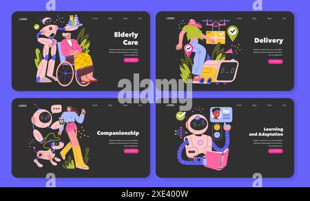 Robot Assistants set. Scenes depicting elder care, delivery, companionship, and learning with AI technology. Automation in everyday life. Vector illustration. Stock Vector
