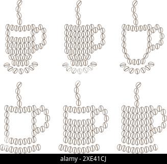 Mugs made of outline coffee beans with steam in minimalistic style. Logo, Icon design idea. Set of 6. Isolate EPS. Vector Coffee Day greetings, cards, poster, banner or web, price tag, label concept Stock Vector