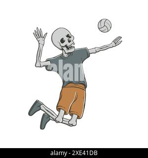 Cool Cartoon Skull Volleyball Player Hitting Ball in Jump. Volleyball Skeleton Vector Illustration for Merchandise or Poster Designs. Stock Vector