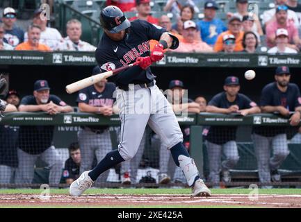 Baltimore, USA. 25th June, 2024. BALTIMORE, MD - JUNE 25: Cleveland Guardians outfielder Tyler Freeman (2) at bat during a MLB game between the Baltimore Orioles and the Cleveland Guardians, on June 25, 2024, at Orioles Park at Camden Yards, in Baltimore, Maryland. (Photo by Tony Quinn/SipaUSA) Credit: Sipa USA/Alamy Live News Stock Photo