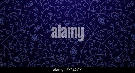 doodle seamless pattern with branches, leaves and flowers with floral ornament dark blue colors backgrounds for decorative backdrops Stock Vector