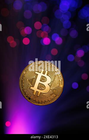 Glowing Bitcoin cryptocurrency against the background of fiber optic cables. Bitcoin digital cryptocurrency consisting of dots and lines, cryptocurren Stock Photo
