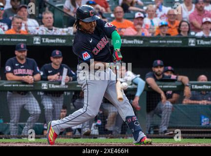 Baltimore, USA. 25th June, 2024. BALTIMORE, MD - JUNE 25: Cleveland Guardians third base José Ramírez (11) makes contact during a MLB game between the Baltimore Orioles and the Cleveland Guardians, on June 25, 2024, at Orioles Park at Camden Yards, in Baltimore, Maryland. (Photo by Tony Quinn/SipaUSA) Credit: Sipa USA/Alamy Live News Stock Photo