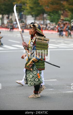 Warriors from Kusunoki Masashige army in traditional uniforms. Jidai Festival. Kyoto. Japan Stock Photo